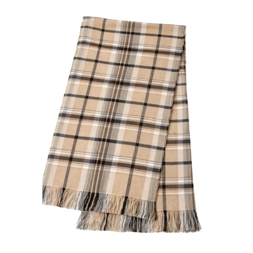 Mud Pie Womens Tan Black White Plaid Fringe Blanket Scarf One Size OS